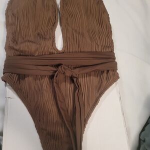 Zaful Brown Ribbed One Piece Swimsuit with Belt